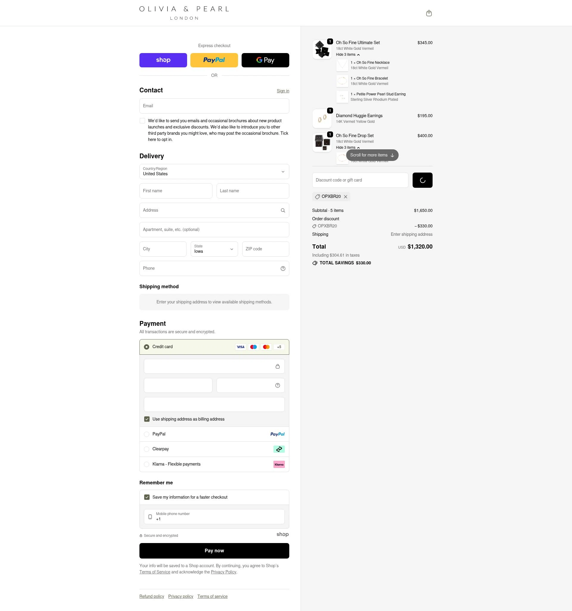 Olivia & Pearl checkout page showing Olivia & Pearl promo code box | Screenshot taken by SimplyCodes community member on Jan 1, 2026