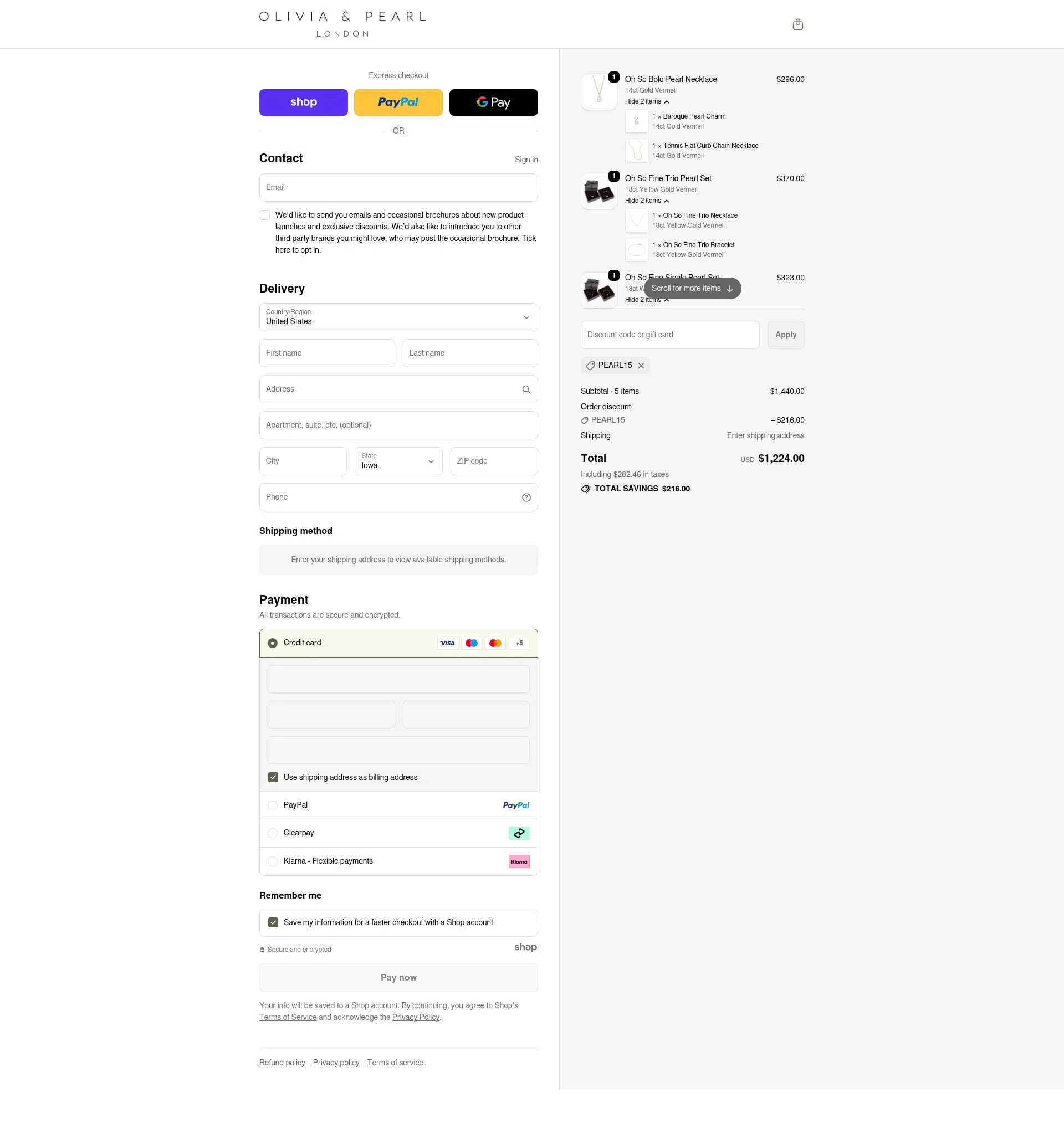 Olivia & Pearl checkout page showing Olivia & Pearl promo code box | Screenshot taken by SimplyCodes community member on Nov 8, 2025
