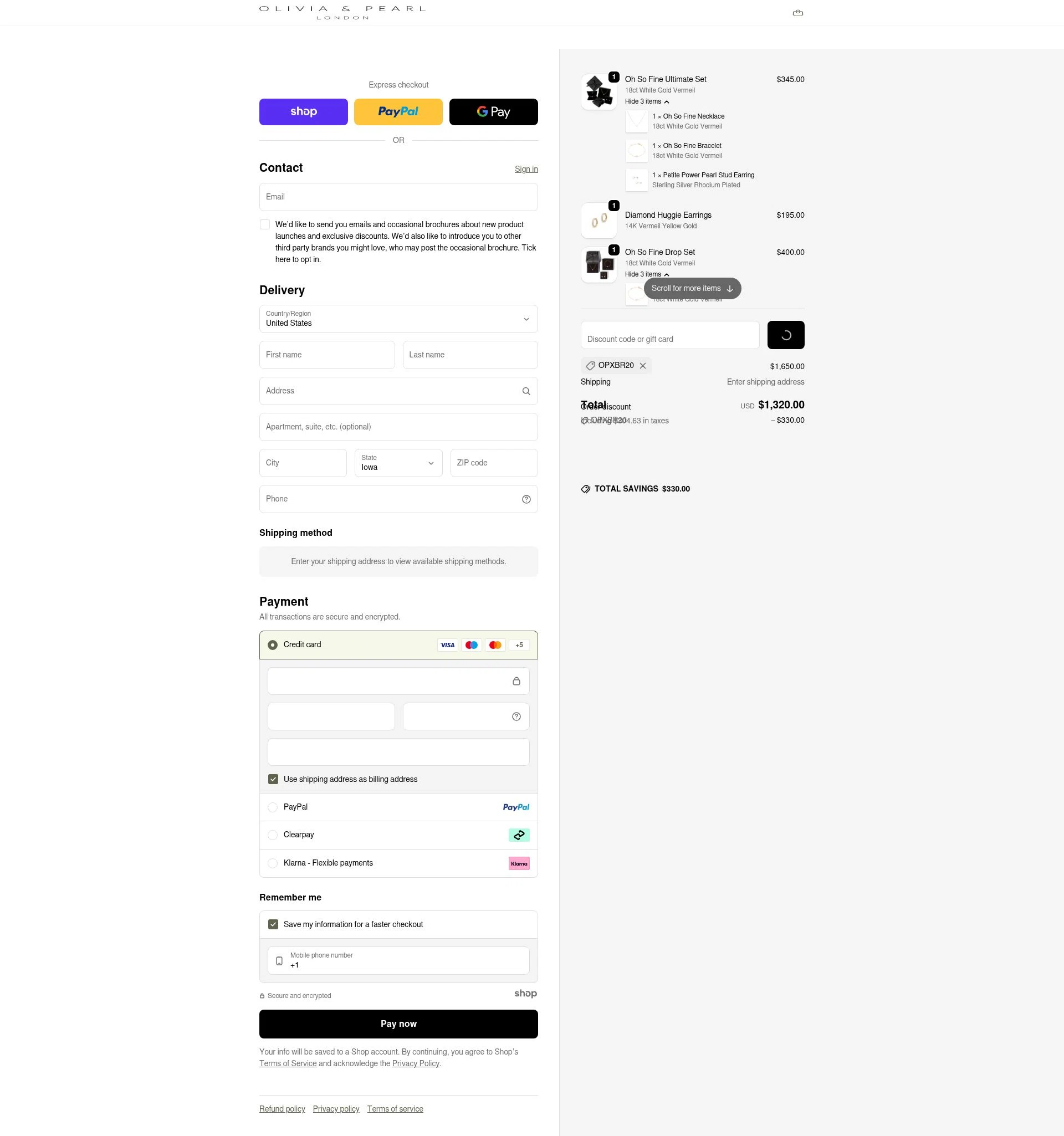 Olivia & Pearl checkout page showing Olivia & Pearl promo code box | Screenshot taken by SimplyCodes community member on Dec 22, 2025