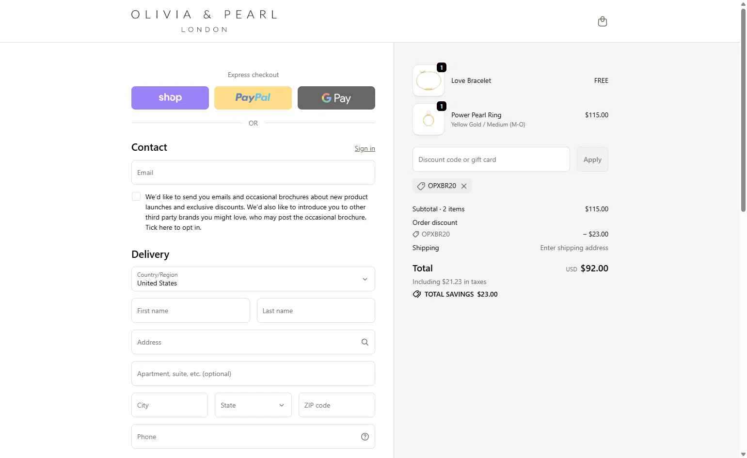 Olivia & Pearl checkout page showing Olivia & Pearl promo code box | Screenshot taken by SimplyCodes community member on Dec 21, 2025
