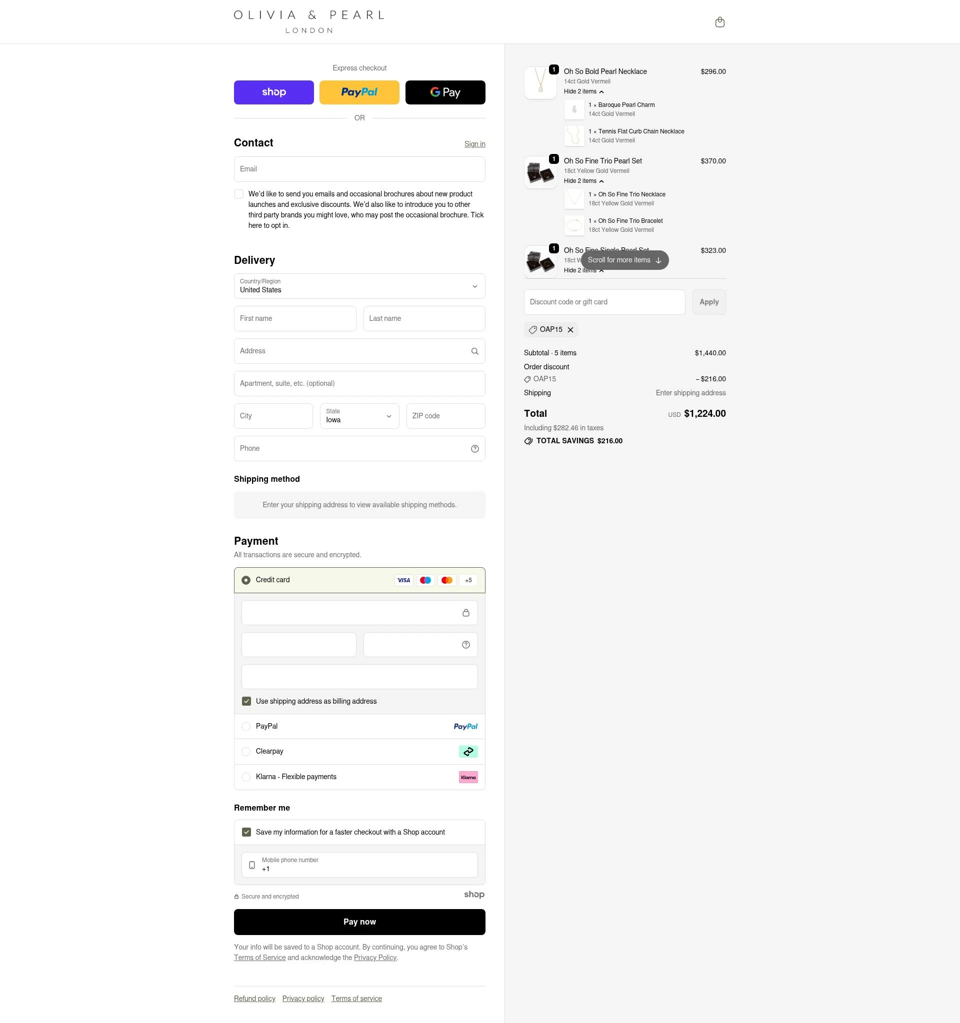 Olivia & Pearl checkout page showing Olivia & Pearl promo code box | Screenshot taken by SimplyCodes community member on Nov 8, 2025
