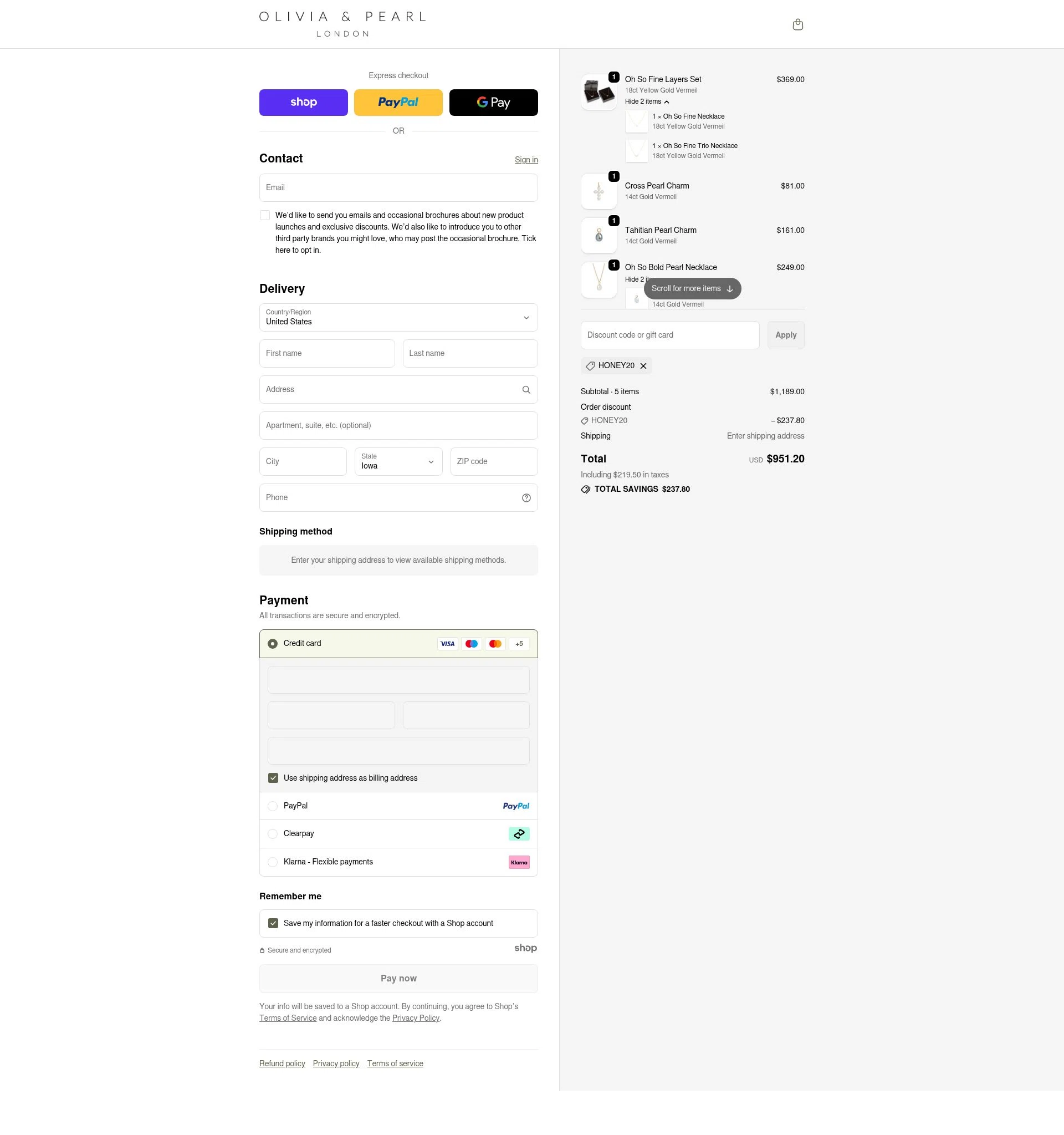 Olivia & Pearl checkout page showing Olivia & Pearl promo code box | Screenshot taken by SimplyCodes community member on Nov 1, 2025