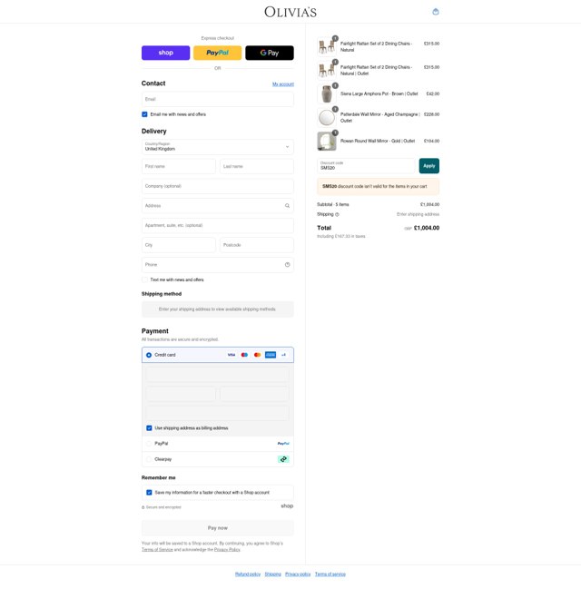 Olivia's checkout page showing Olivia's promo code box | Screenshot taken by SimplyCodes community member on Sep 4, 2025