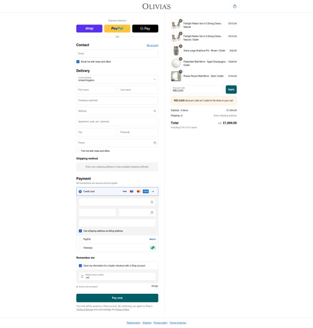 Olivia's checkout page showing Olivia's promo code box | Screenshot taken by SimplyCodes community member on Aug 30, 2025