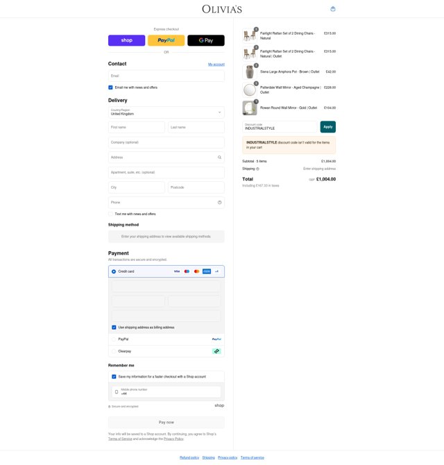 Olivia's checkout page showing Olivia's promo code box | Screenshot taken by SimplyCodes community member on Sep 4, 2025