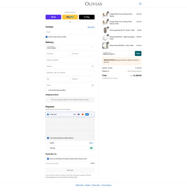 Olivia's checkout page showing Olivia's promo code box | Screenshot taken by SimplyCodes community member on Aug 30, 2025