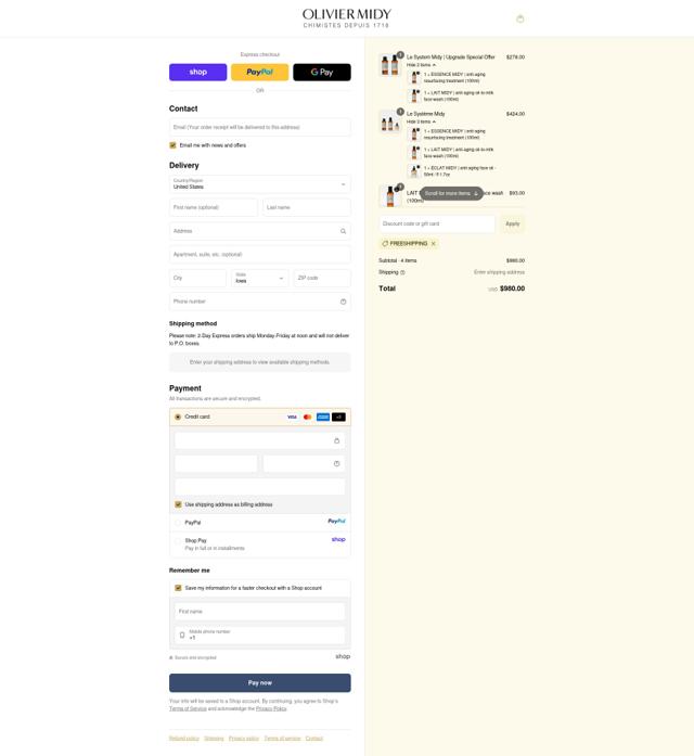 Olivier Midy checkout page showing Olivier Midy promo code box | Screenshot taken by SimplyCodes community member on Sep 12, 2025