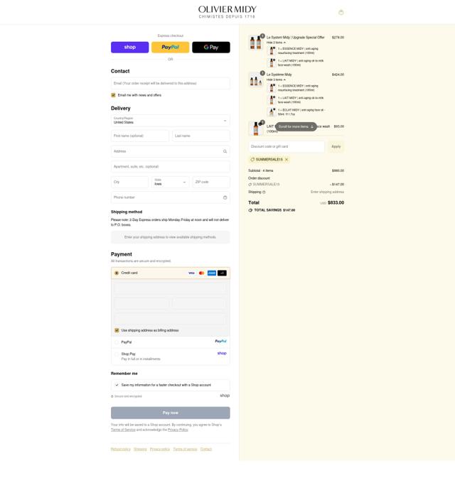 Olivier Midy checkout page showing Olivier Midy promo code box | Screenshot taken by SimplyCodes community member on Sep 12, 2025