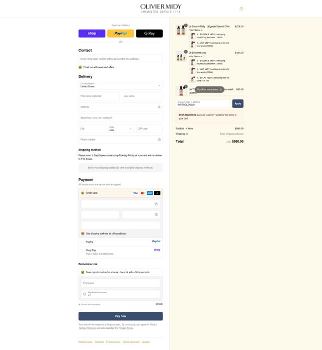 Olivier Midy checkout page showing Olivier Midy promo code box | Screenshot taken by SimplyCodes community member on Sep 12, 2025