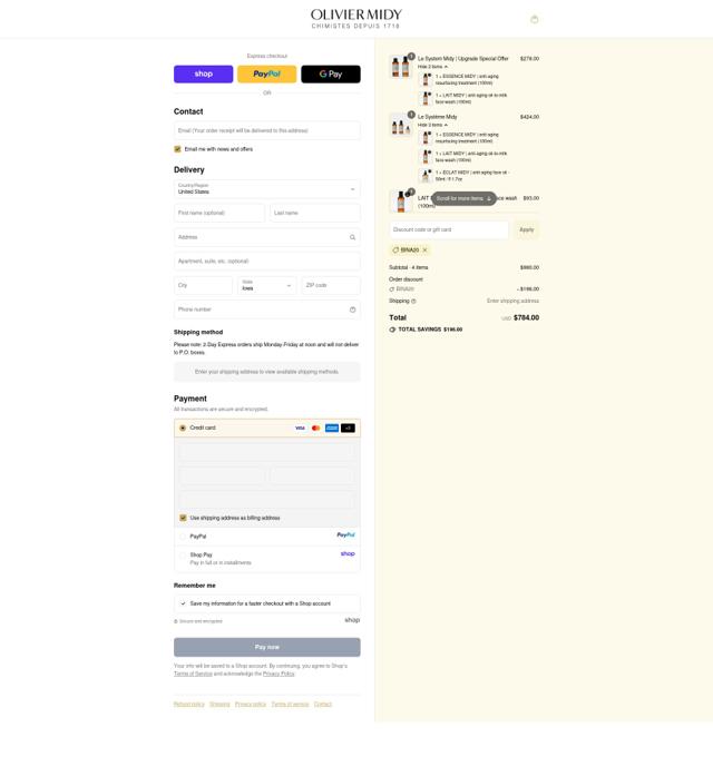 Olivier Midy checkout page showing Olivier Midy promo code box | Screenshot taken by SimplyCodes community member on Sep 12, 2025