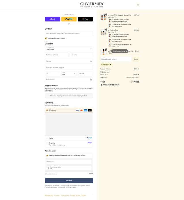 Olivier Midy checkout page showing Olivier Midy promo code box | Screenshot taken by SimplyCodes community member on Sep 12, 2025