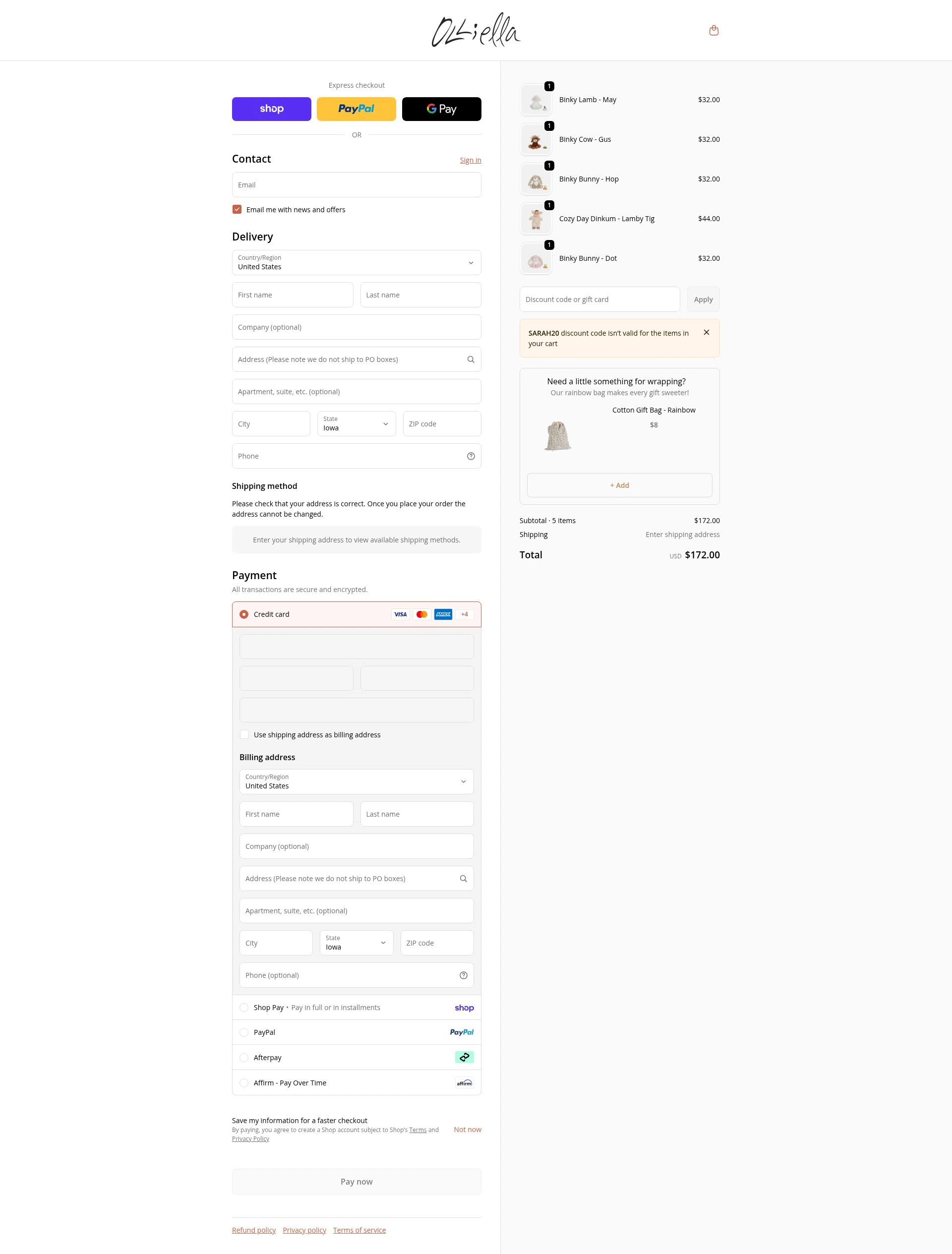 Olli Ella checkout page showing Olli Ella discount code box | Screenshot taken by SimplyCodes community member on Feb 18, 2026