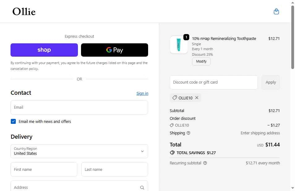 Ollie Smile checkout page showing Ollie Smile discount code box | Screenshot taken by SimplyCodes community member on Feb 6, 2026