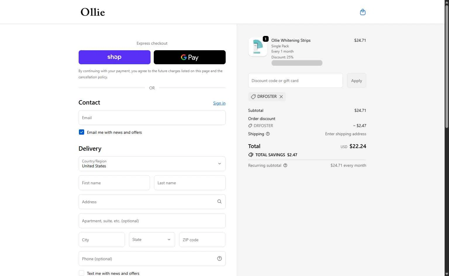 Ollie Smile checkout page showing Ollie Smile discount code box | Screenshot taken by SimplyCodes community member on Jan 24, 2026