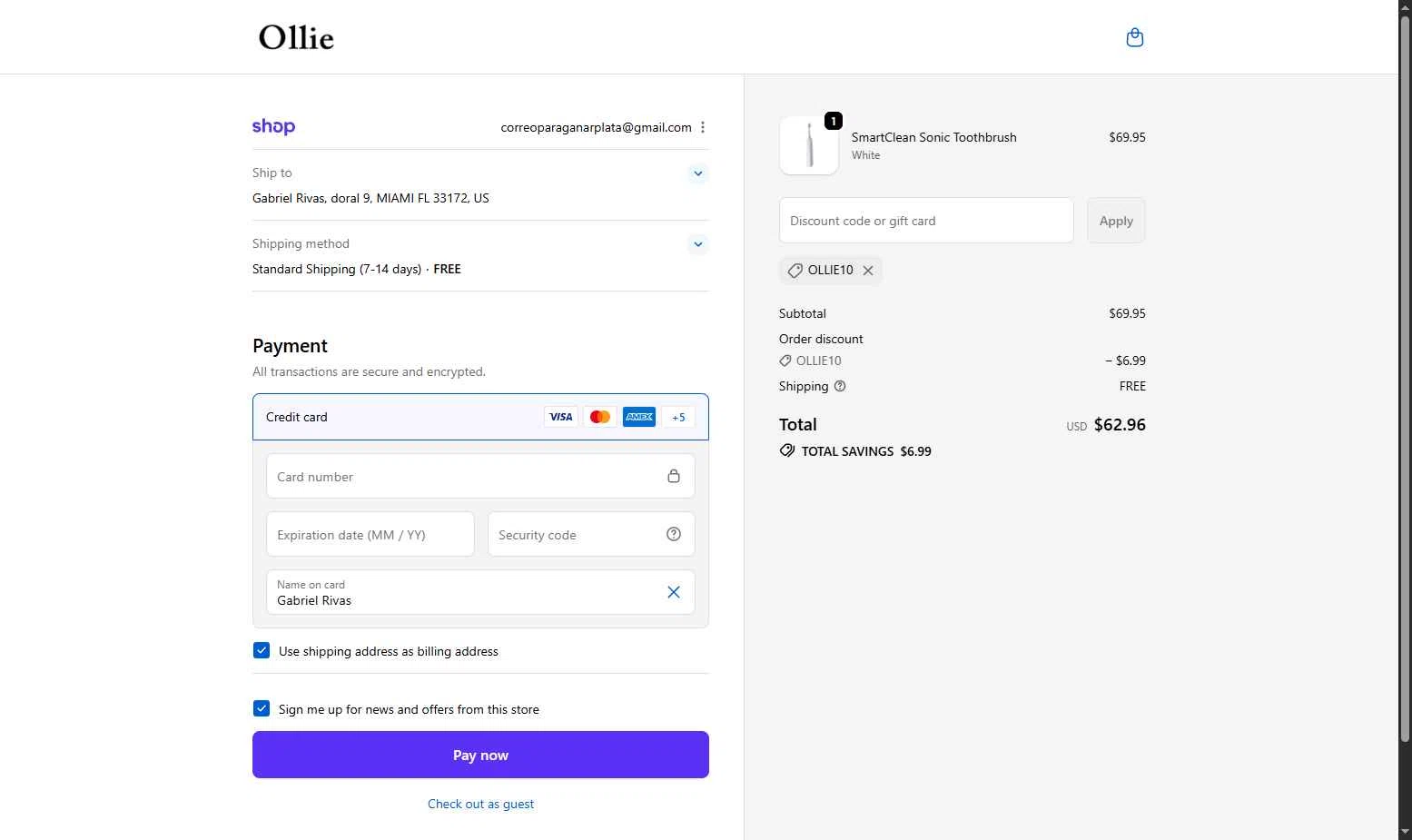 Ollie Smile checkout page showing Ollie Smile discount code box | Screenshot taken by SimplyCodes community member on Dec 10, 2025