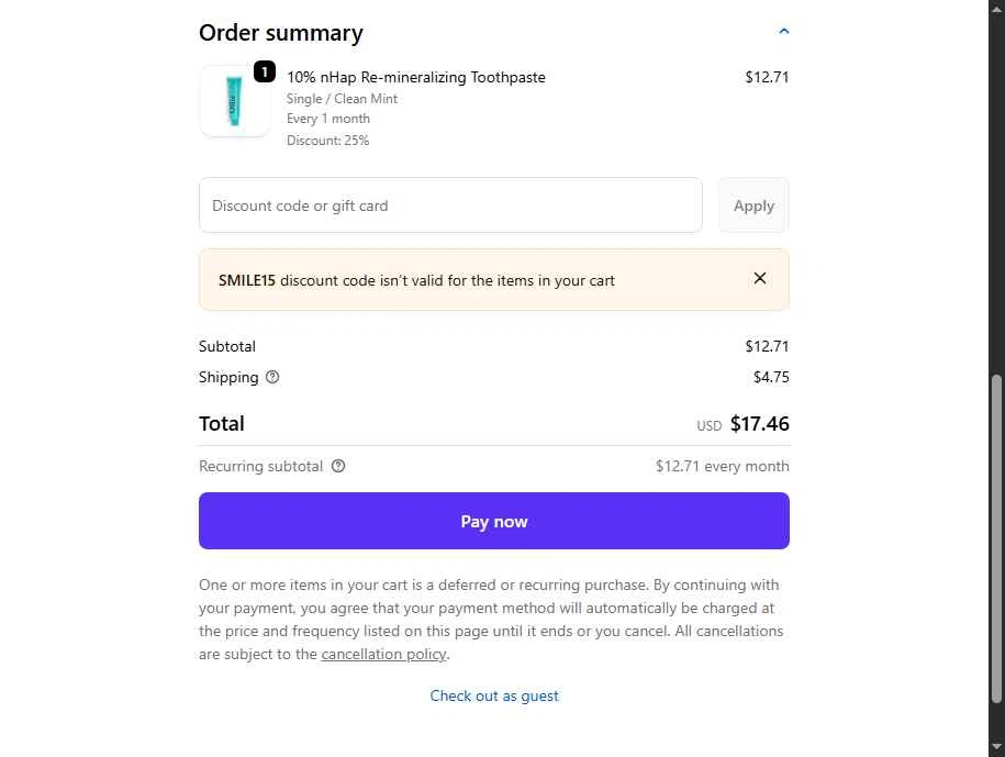 Ollie Smile checkout page showing Ollie Smile discount code box | Screenshot taken by SimplyCodes community member on Jan 3, 2026