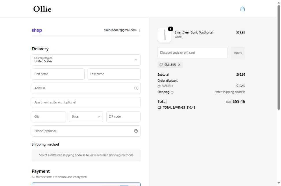 Ollie Smile checkout page showing Ollie Smile discount code box | Screenshot taken by SimplyCodes community member on Dec 5, 2025