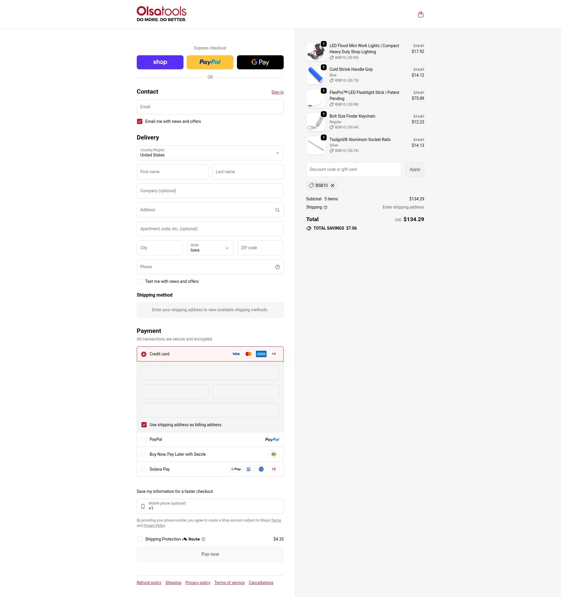 Olsa Tools checkout page showing Olsa Tools discount code box | Screenshot taken by SimplyCodes community member on Jan 10, 2026