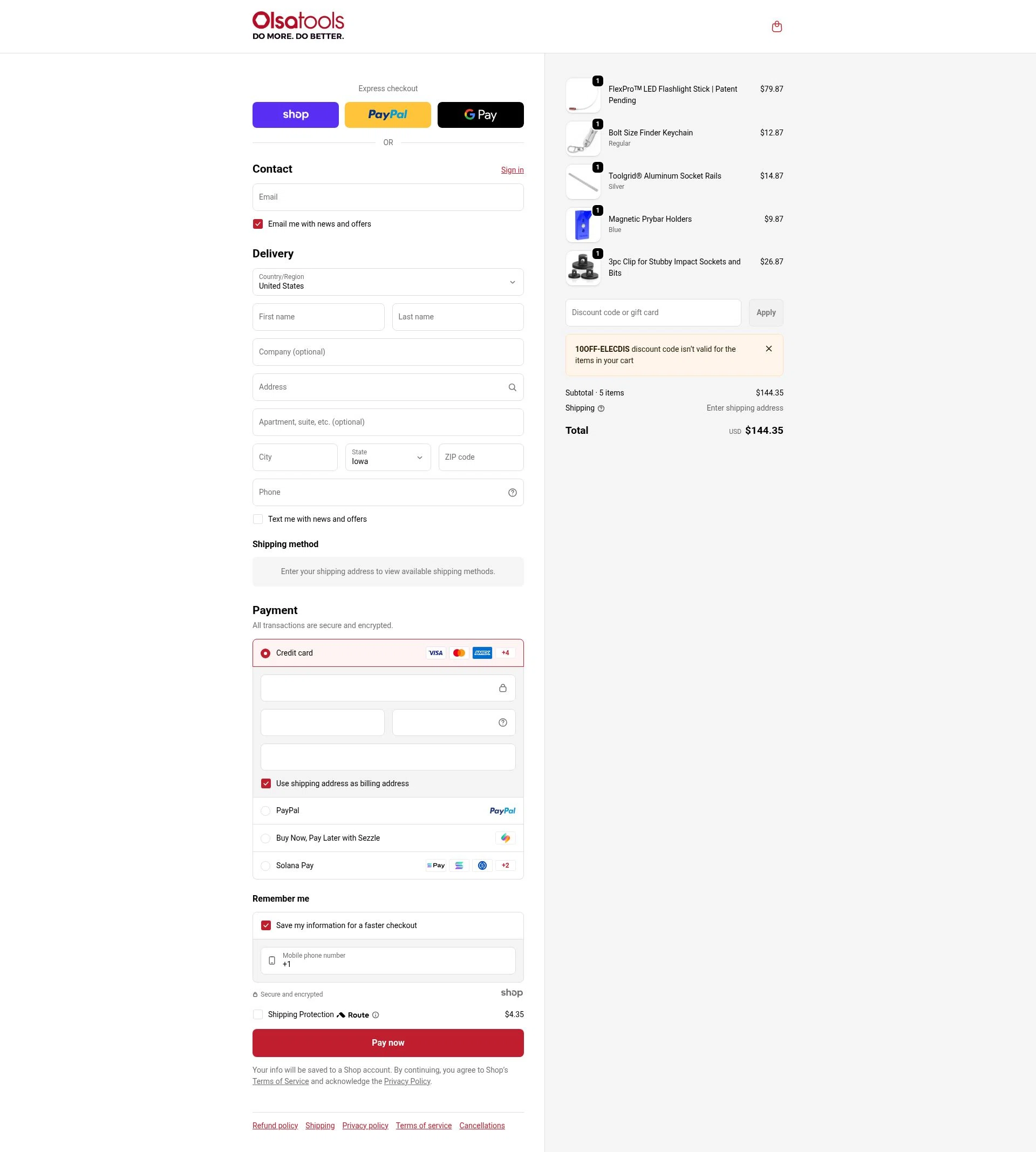 Olsa Tools checkout page showing Olsa Tools discount code box | Screenshot taken by SimplyCodes community member on Jan 5, 2026