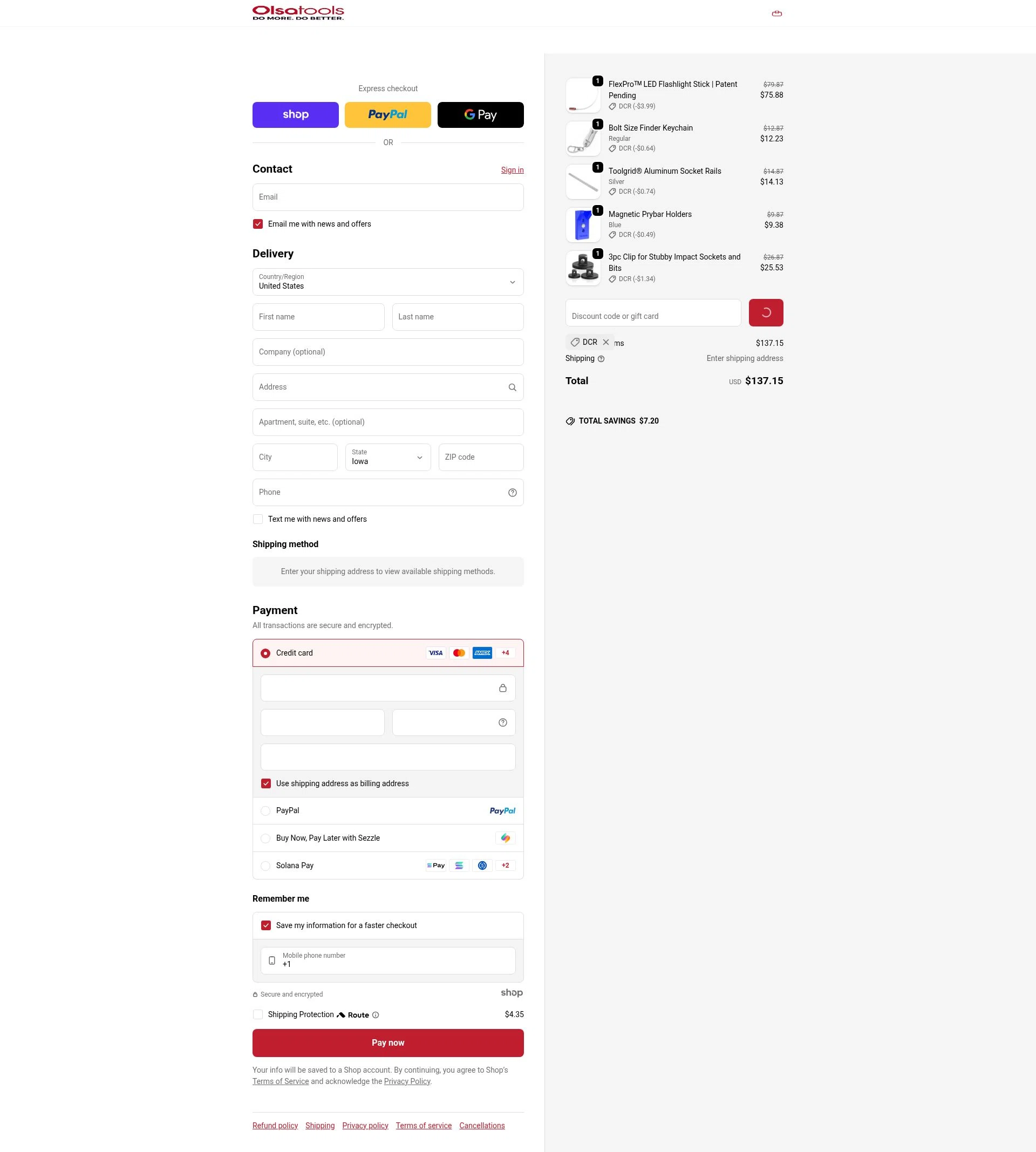 Olsa Tools checkout page showing Olsa Tools discount code box | Screenshot taken by SimplyCodes community member on Jan 5, 2026
