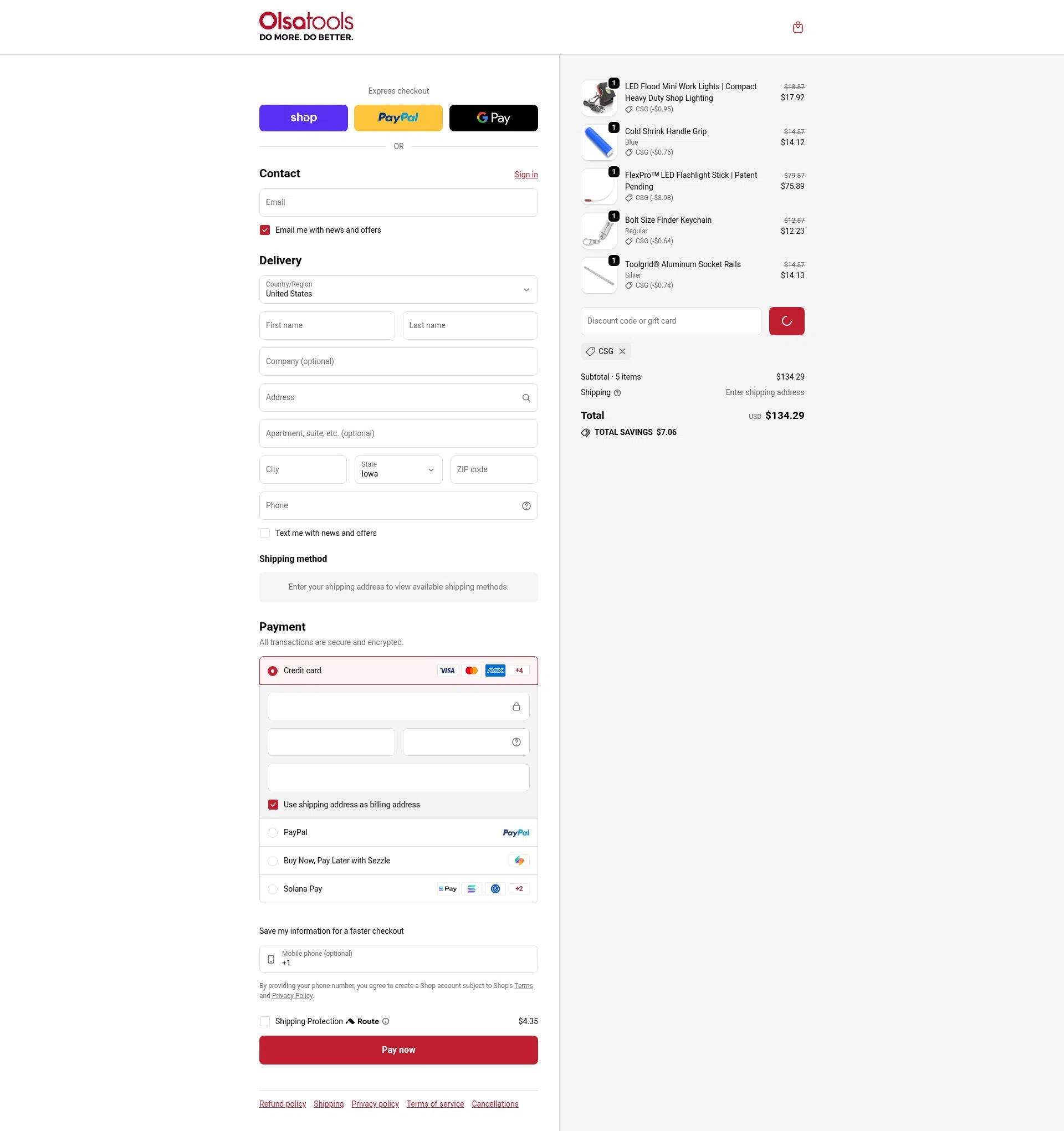 Olsa Tools checkout page showing Olsa Tools discount code box | Screenshot taken by SimplyCodes community member on Jan 10, 2026