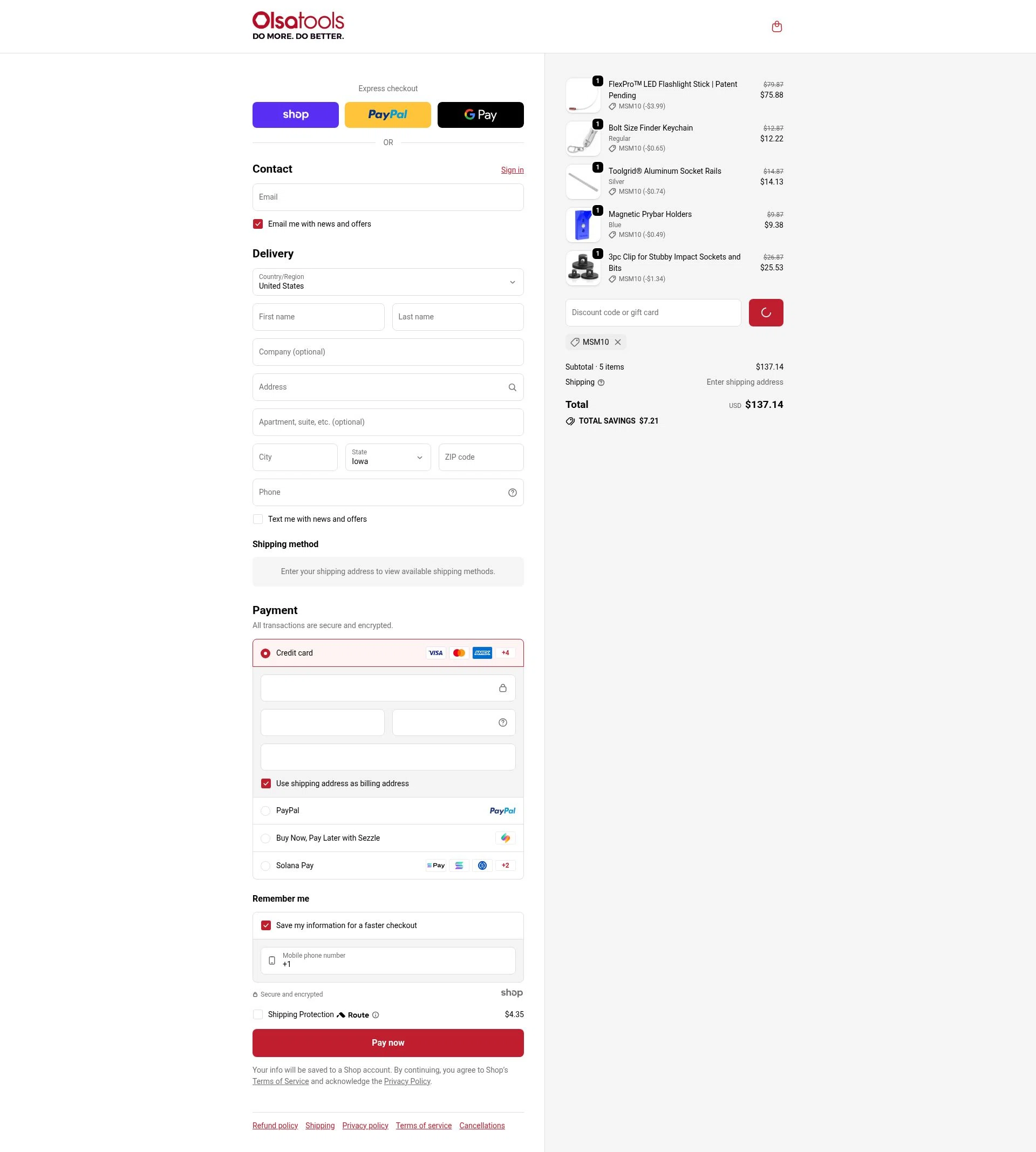 Olsa Tools checkout page showing Olsa Tools discount code box | Screenshot taken by SimplyCodes community member on Jan 5, 2026