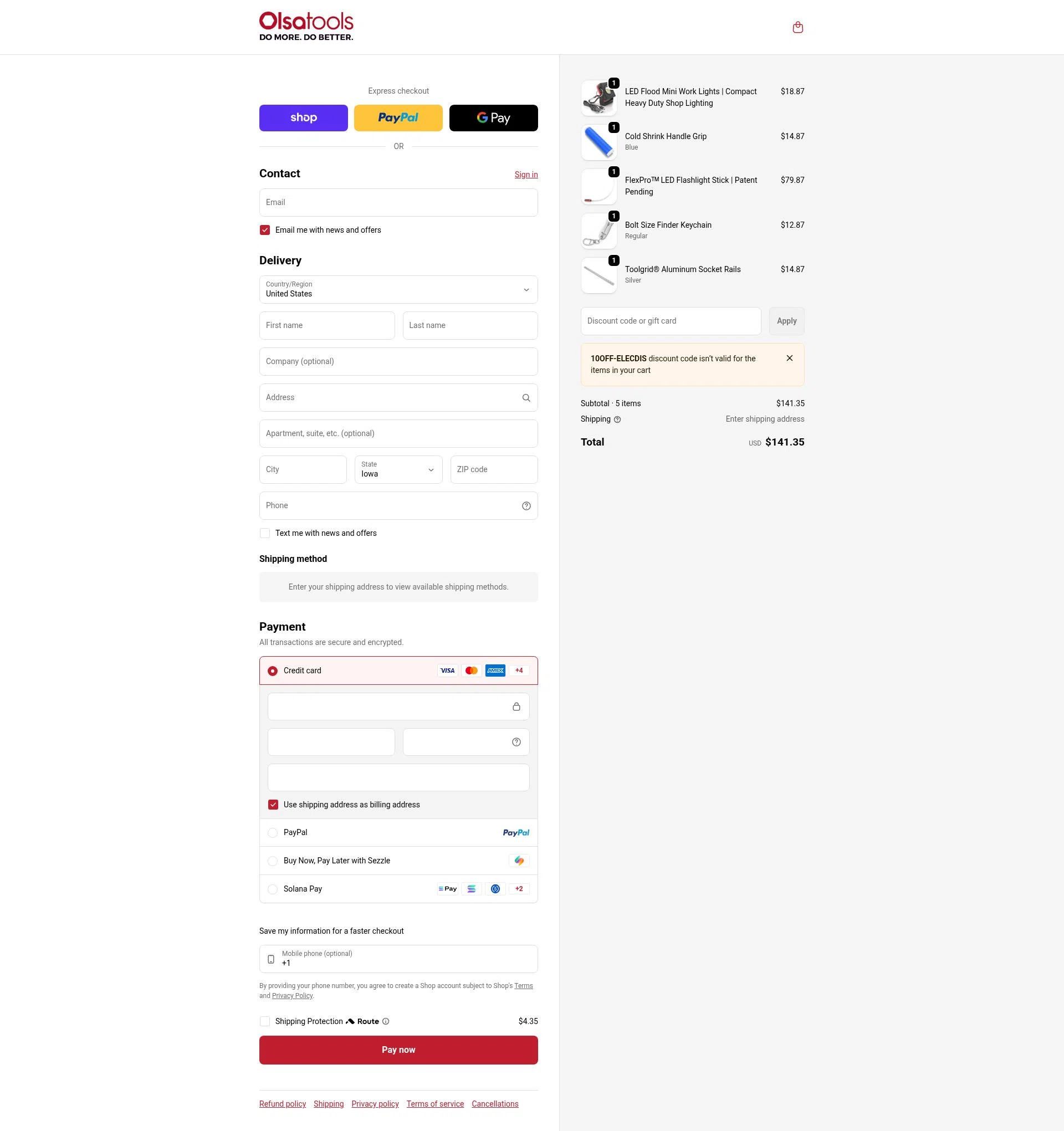 Olsa Tools checkout page showing Olsa Tools discount code box | Screenshot taken by SimplyCodes community member on Jan 10, 2026