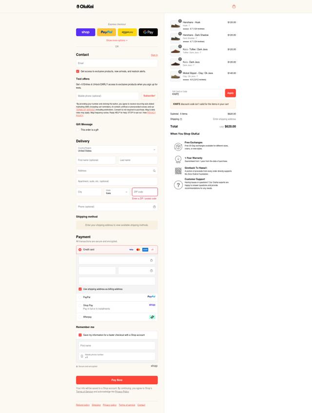 OluKai checkout page showing OluKai coupon code box | Screenshot taken by SimplyCodes community member on Sep 12, 2025