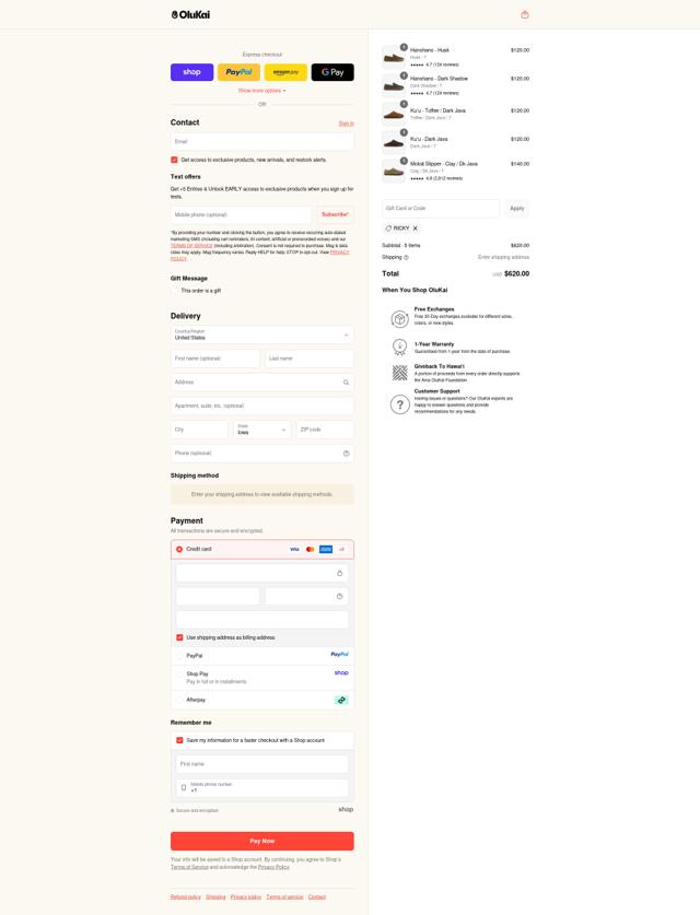 OluKai checkout page showing OluKai coupon code box | Screenshot taken by SimplyCodes community member on Sep 12, 2025