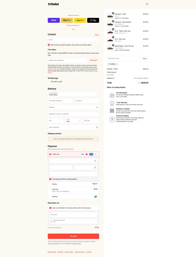OluKai checkout page showing OluKai coupon code box | Screenshot taken by SimplyCodes community member on Sep 12, 2025
