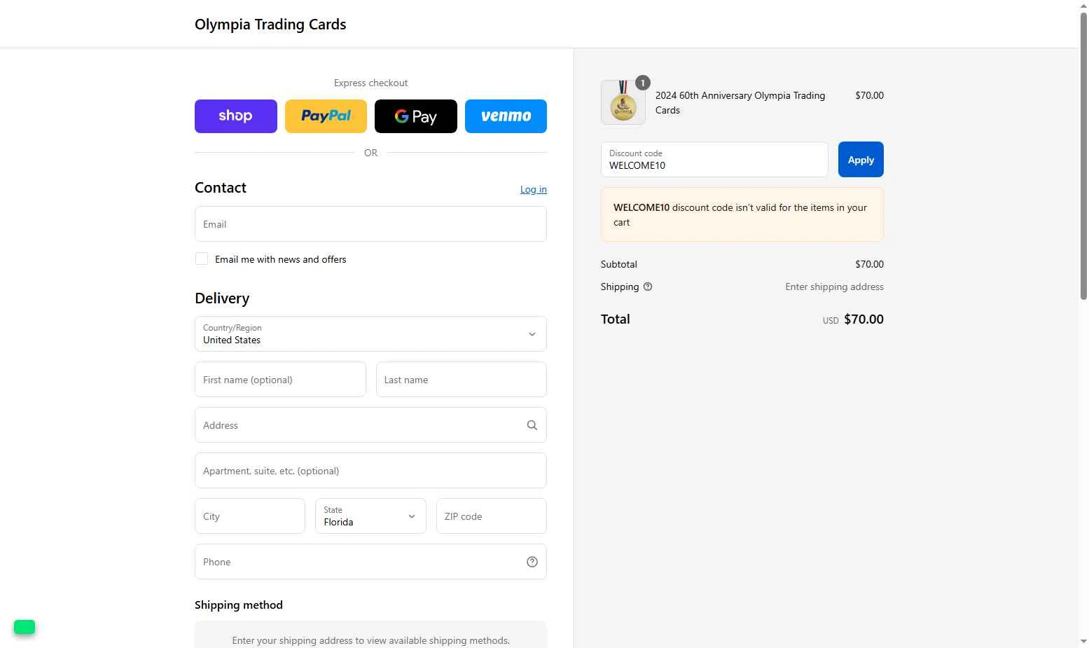 Olympia Trading Cards checkout page showing Olympia Trading Cards promo code box | Screenshot taken by SimplyCodes community member on Sep 6, 2025