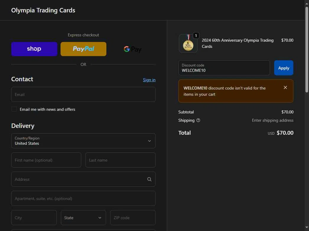 Olympia Trading Cards checkout page showing Olympia Trading Cards promo code box | Screenshot taken by SimplyCodes community member on Oct 5, 2025