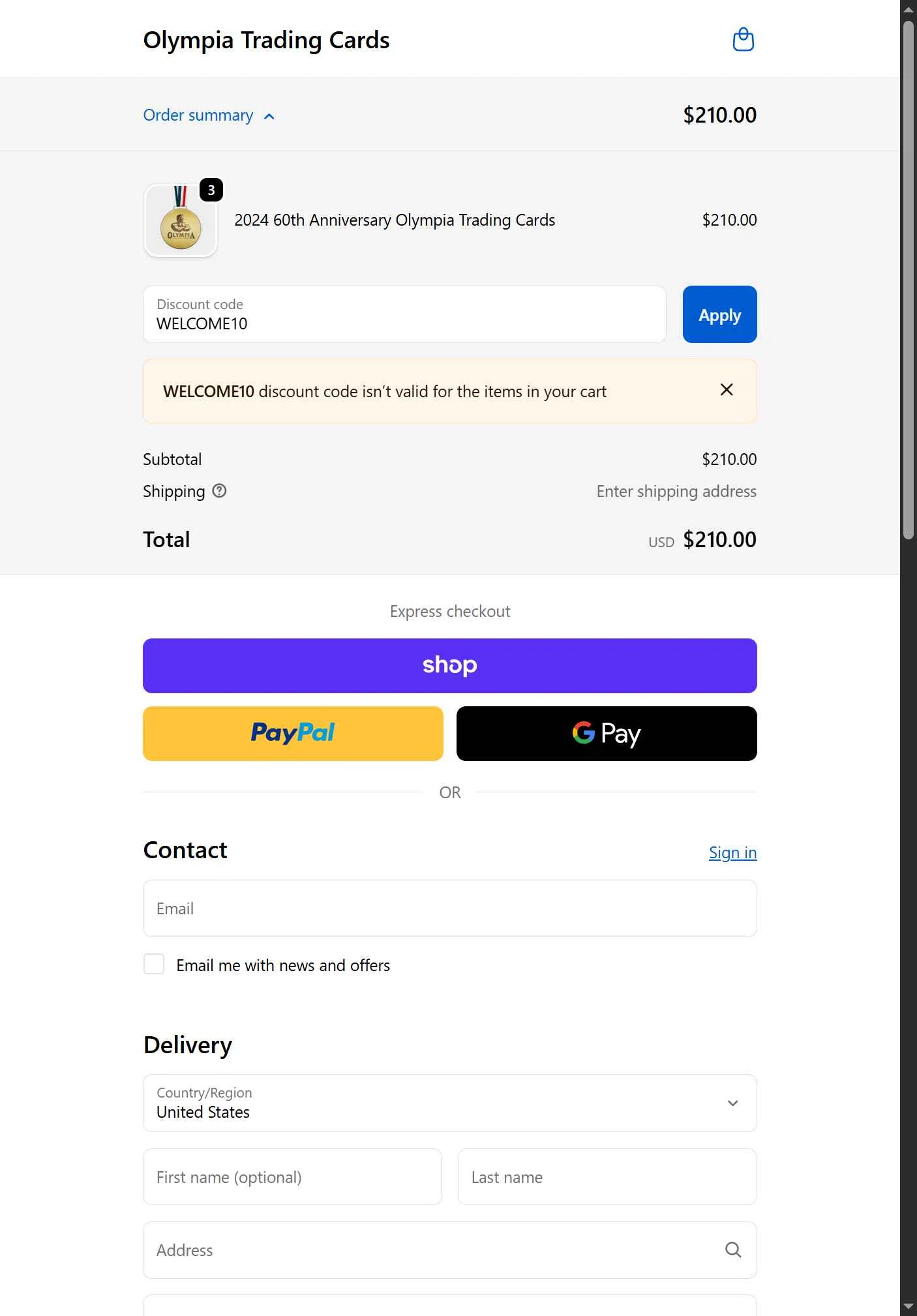 Olympia Trading Cards checkout page showing Olympia Trading Cards promo code box | Screenshot taken by SimplyCodes community member on Nov 3, 2025