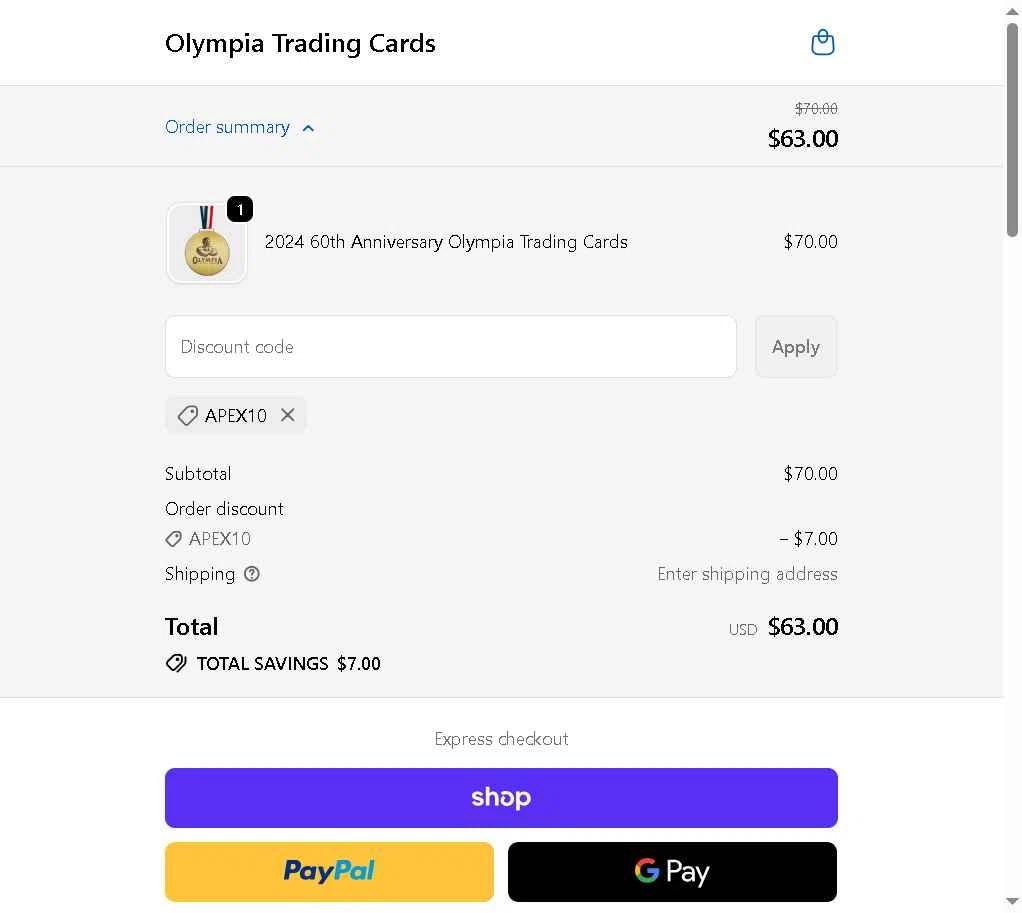 Olympia Trading Cards checkout page showing Olympia Trading Cards promo code box | Screenshot taken by SimplyCodes community member on Oct 16, 2025