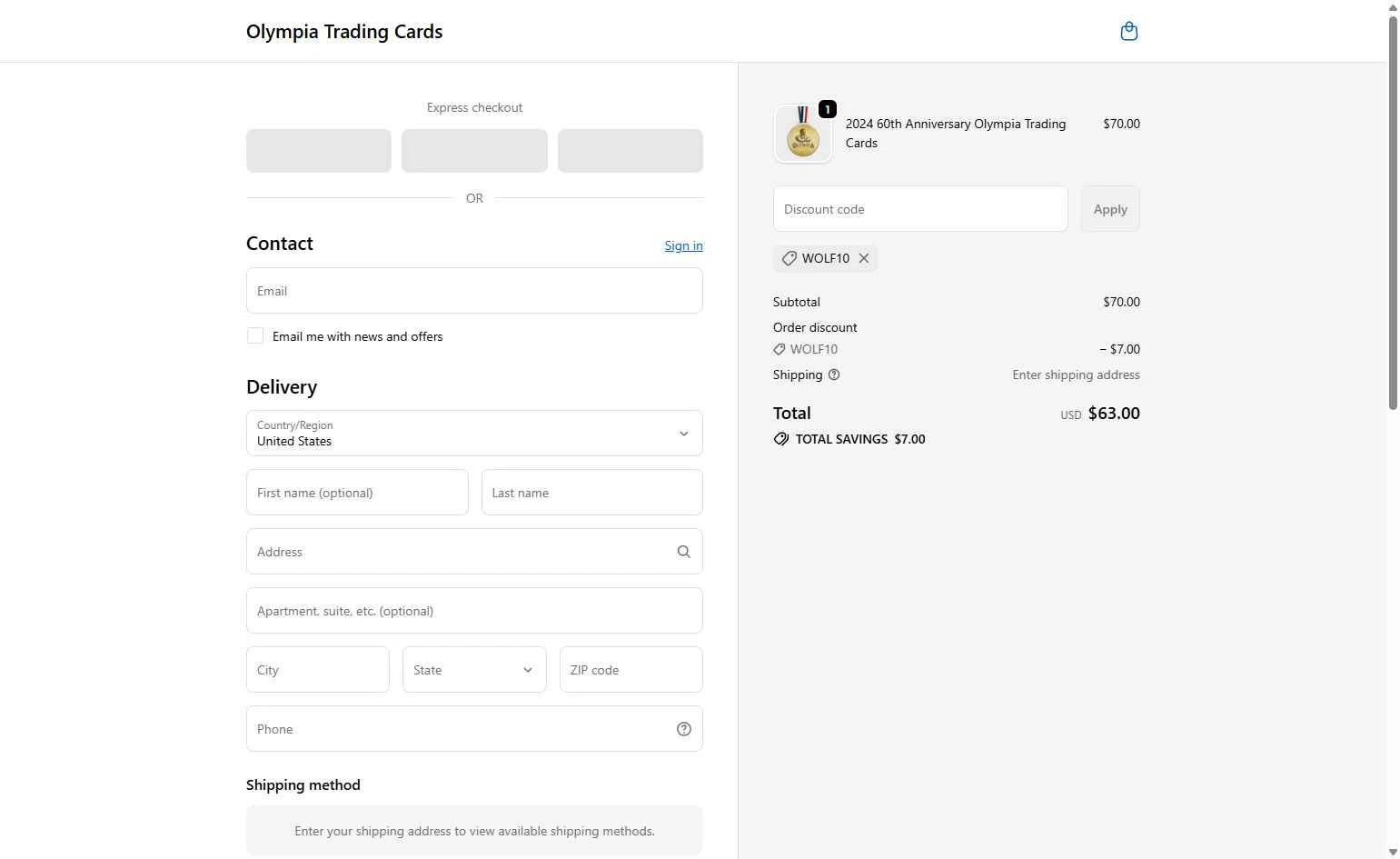 Olympia Trading Cards checkout page showing Olympia Trading Cards promo code box | Screenshot taken by SimplyCodes community member on Oct 16, 2025