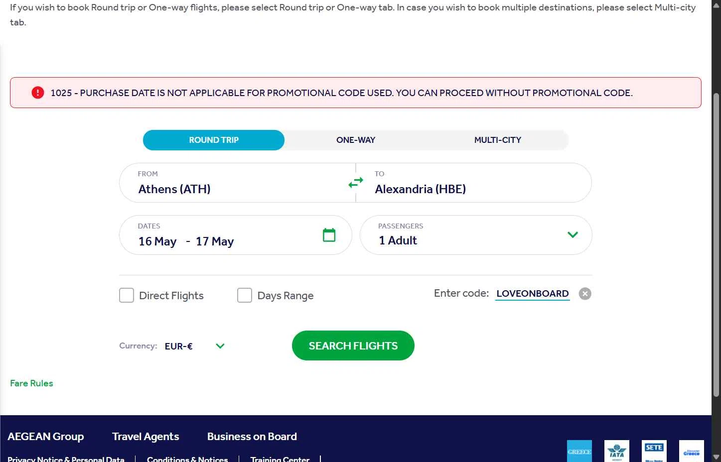 Olympic Air checkout page showing Olympic Air promo code box | Screenshot taken by SimplyCodes community member on May 4, 2025