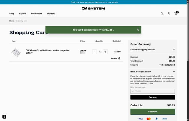 Olympus checkout page showing Olympus discount code box | Screenshot taken by SimplyCodes community member on Jun 21, 2025