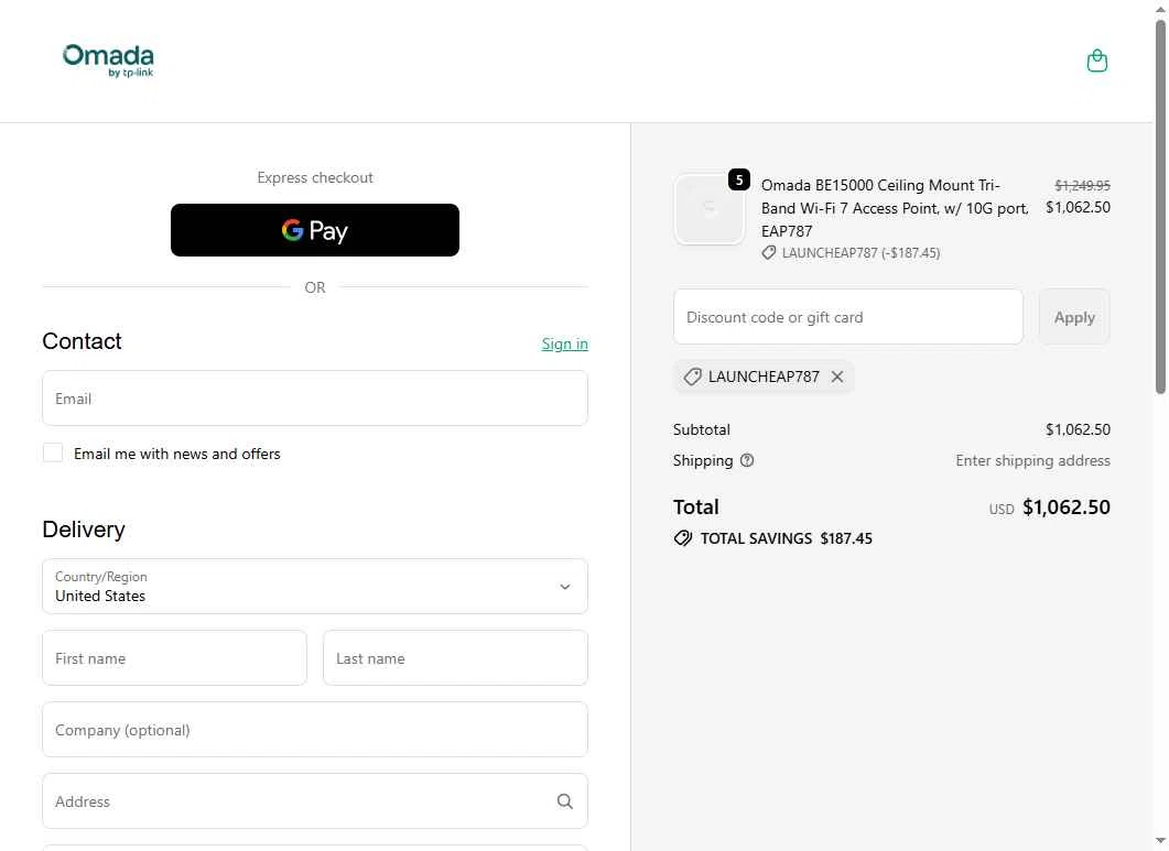 Omada checkout page showing Omada promo code box | Screenshot taken by SimplyCodes community member on Nov 30, 2025