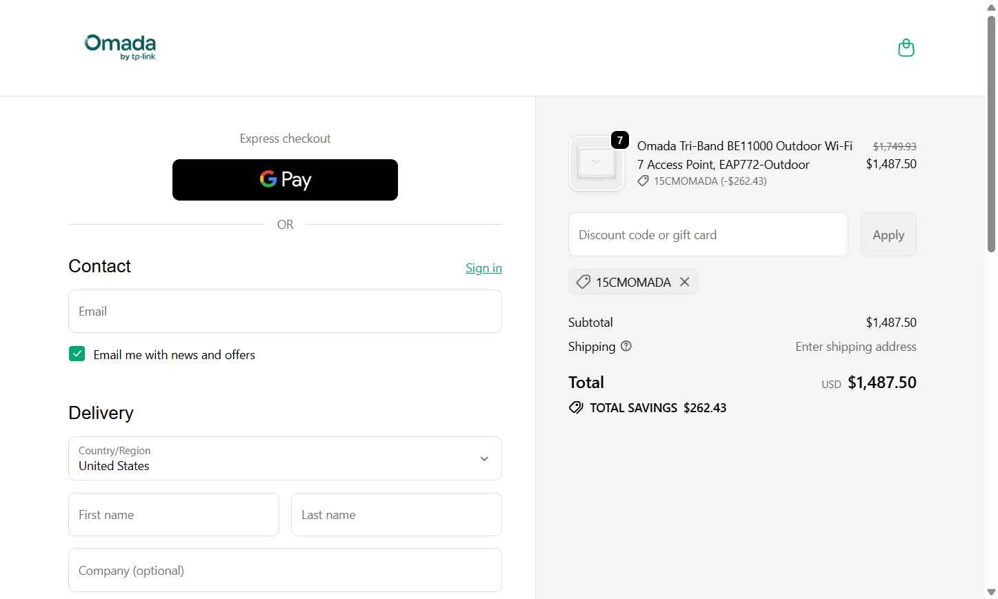 Omada checkout page showing Omada promo code box | Screenshot taken by SimplyCodes community member on Dec 2, 2025