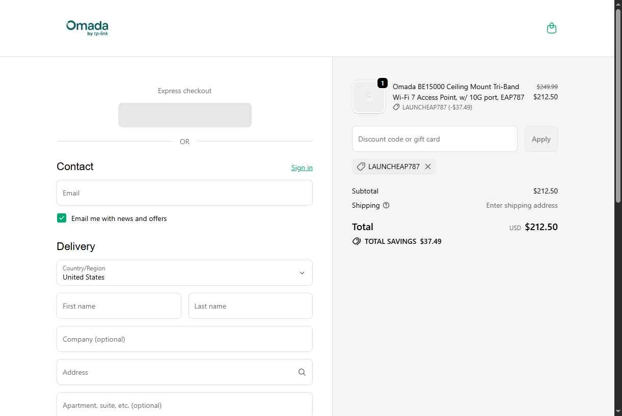 Omada checkout page showing Omada promo code box | Screenshot taken by SimplyCodes community member on Dec 29, 2025