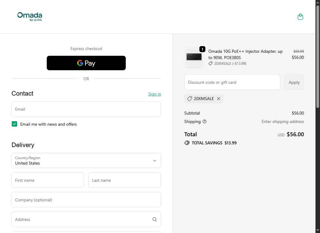 Omada checkout page showing Omada promo code box | Screenshot taken by SimplyCodes community member on Dec 16, 2025