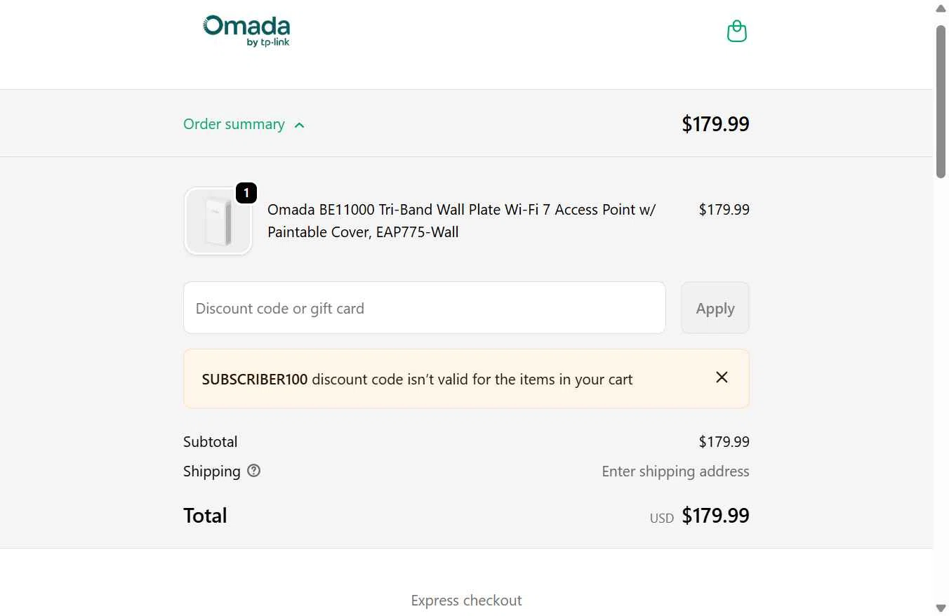 Omada checkout page showing Omada promo code box | Screenshot taken by SimplyCodes community member on Dec 26, 2025
