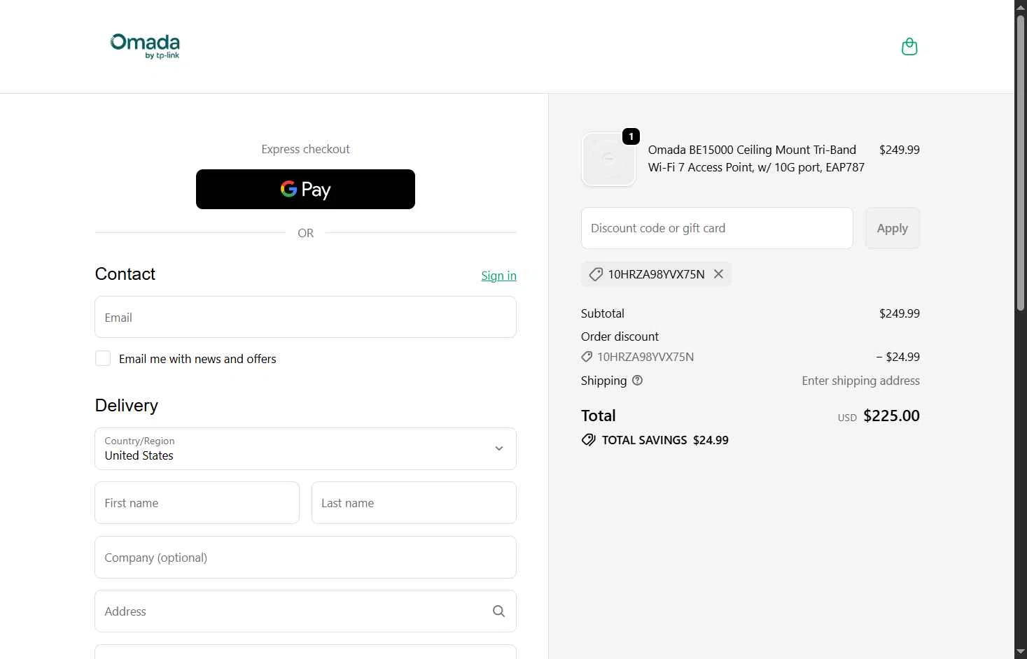 Omada checkout page showing Omada promo code box | Screenshot taken by SimplyCodes community member on Jan 3, 2026