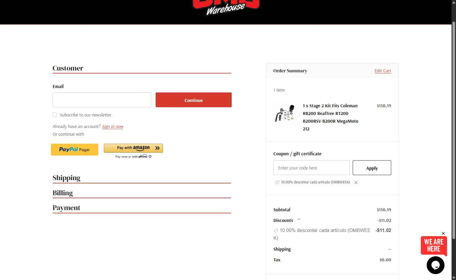 OMB Warehouse checkout page showing OMB Warehouse promo code box | Screenshot taken by SimplyCodes community member on Feb 9, 2026