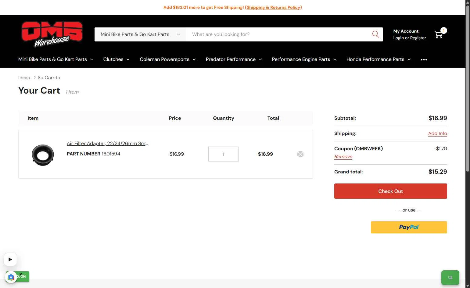 OMB Warehouse checkout page showing OMB Warehouse promo code box | Screenshot taken by SimplyCodes community member on Jan 19, 2026