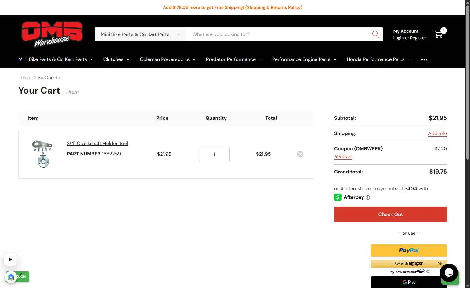 OMB Warehouse checkout page showing OMB Warehouse promo code box | Screenshot taken by SimplyCodes community member on Jan 24, 2026