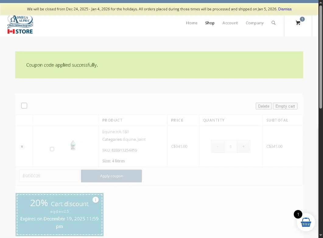 Omega Alpha Store checkout page showing Omega Alpha Store promo code box | Screenshot taken by SimplyCodes community member on Dec 8, 2025