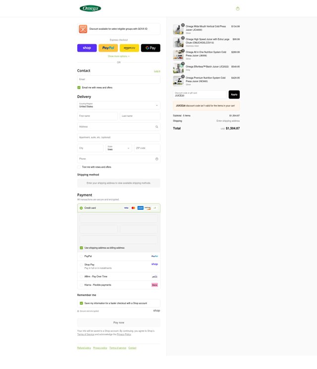Omega Juicers checkout page showing Omega Juicers coupon code box | Screenshot taken by SimplyCodes community member on Sep 6, 2025
