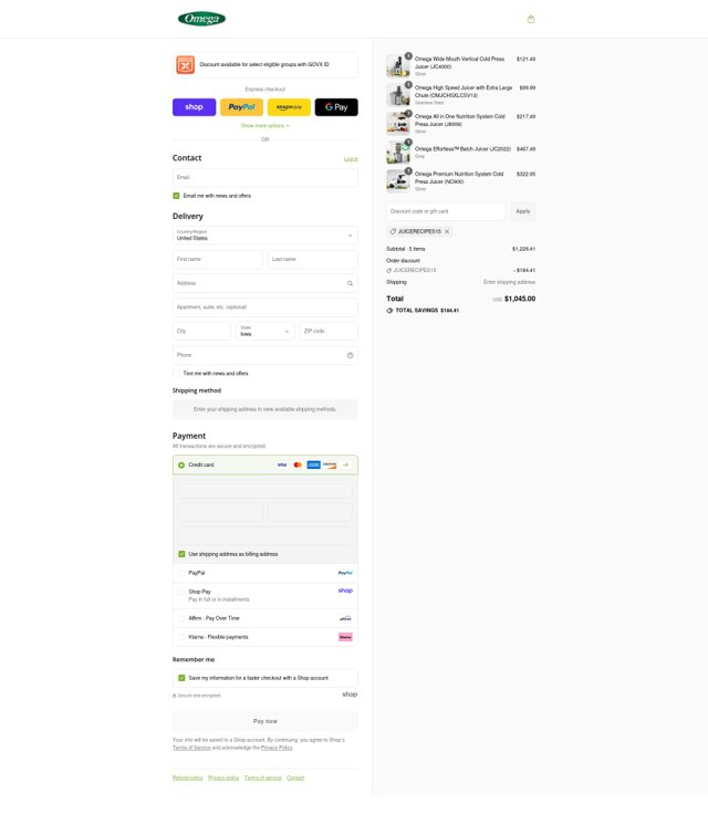 Omega Juicers checkout page showing Omega Juicers coupon code box | Screenshot taken by SimplyCodes community member on Sep 2, 2025