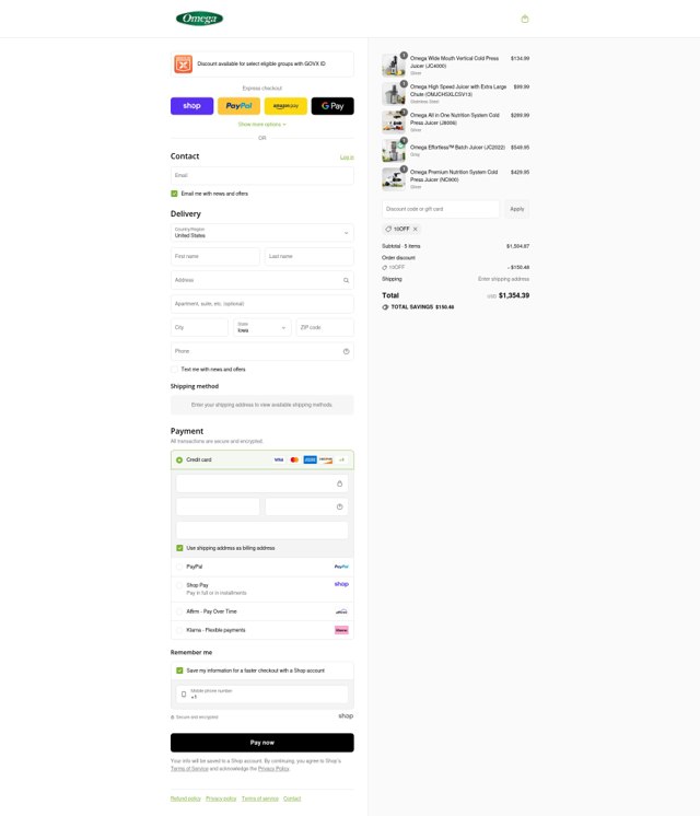 Omega Juicers checkout page showing Omega Juicers coupon code box | Screenshot taken by SimplyCodes community member on Sep 6, 2025
